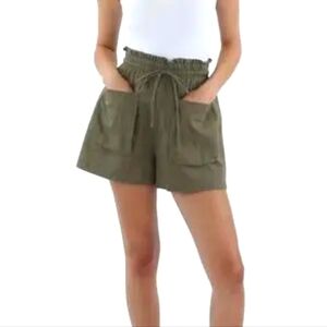 Avec Les Filles Forest Green Smocked High Waist Linen Shorts Size XS